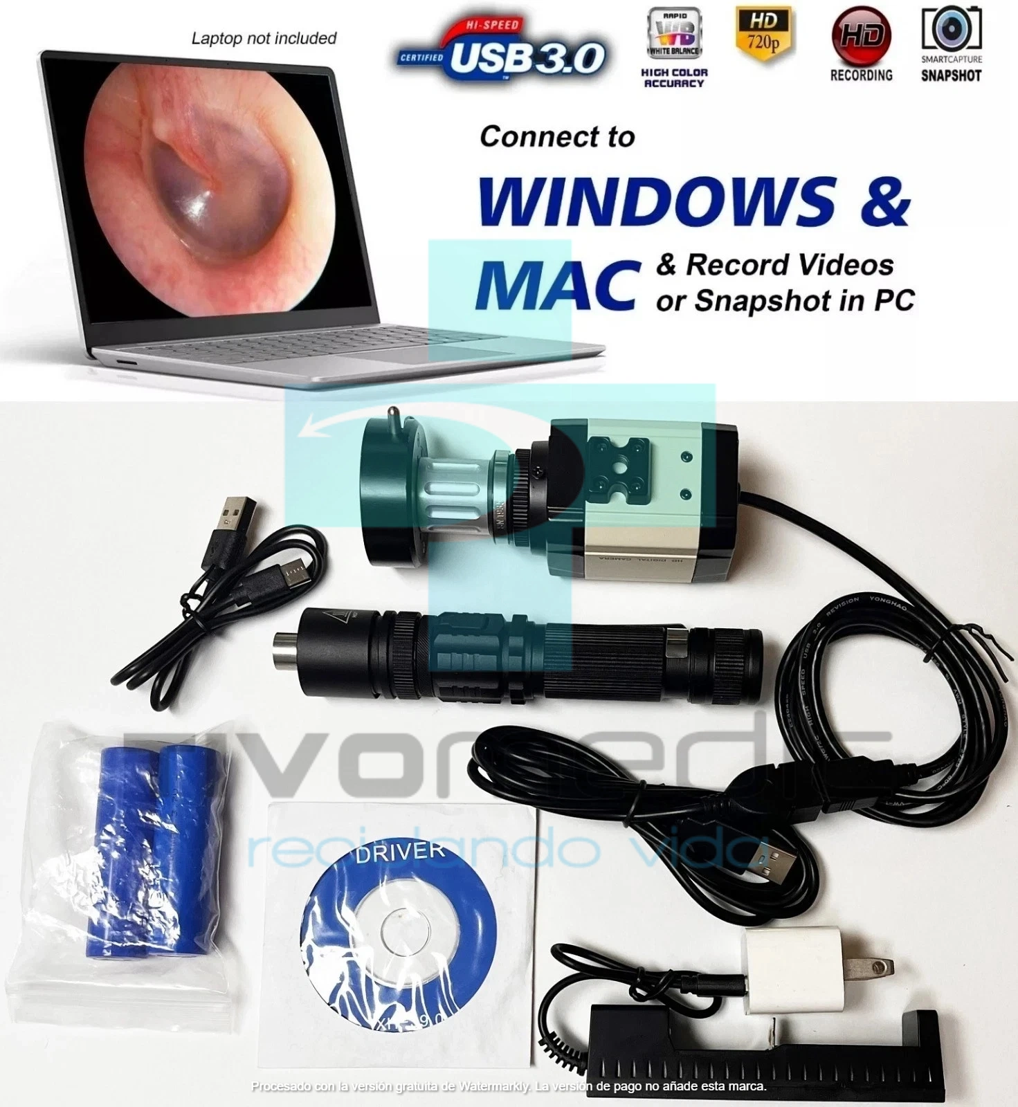 Endoscopio Rígido HD USB con cabezal de cámara y acoplador